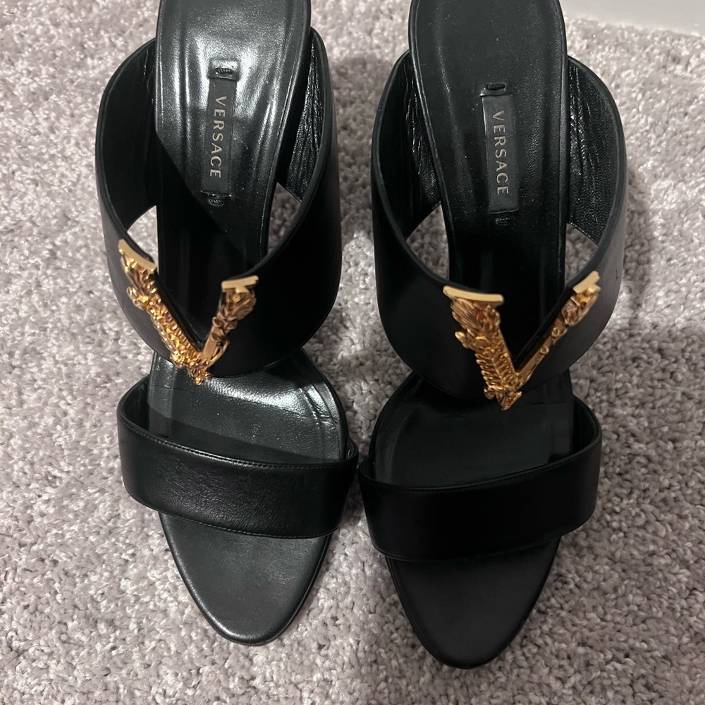 Versace Black Heels with Gold Accent